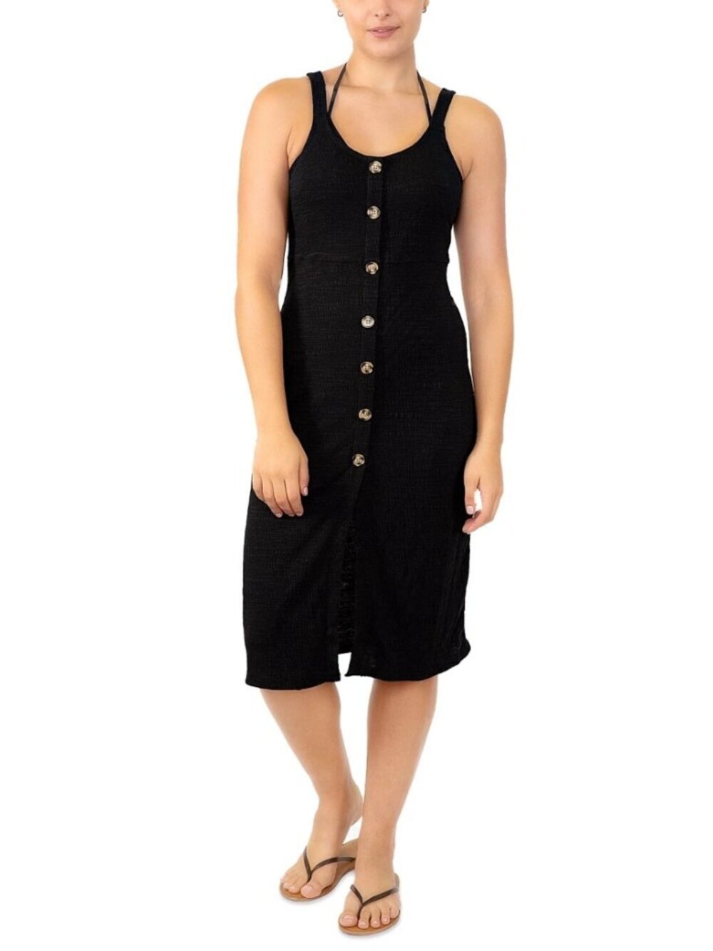 Miken Black Adjustable Button-Front Swim Cover-up Sleeveless Vacay Size S NWT